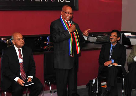 President Jacob Zuma at the World Economic Forum in Switzerland with Finance Minister Pravin Gordhan (left) and Economic Development Minister Ebrahim Patel. President Zuma told the forum that there were enormous business opportunities in South Africa.