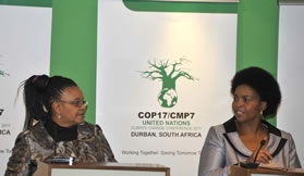 Minister of Water and Environmental Affairs Edna Molewa with Minister of International Realtions and Cooperation Maite Nkoane-Mashaba address the media about the upcoming COP 17 conference. 