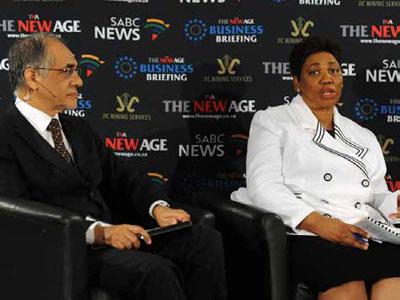 Minister Angie Motshekga and Deputy Minister Enver Surty outlining the department's plans to improve education in the country during The New Age breakfast.