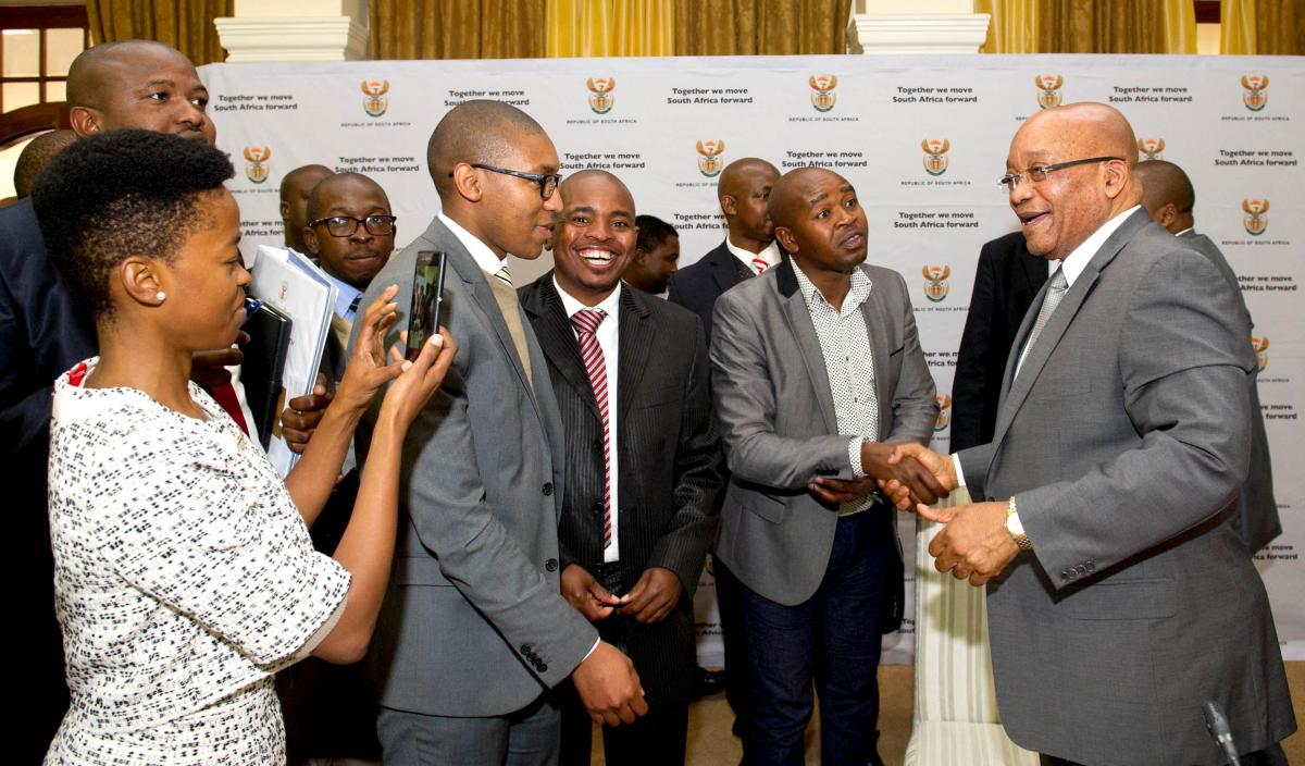 President Jacob Zuma interacts with young people at the launch of the Presidential Youth Working Group. The programme aims to mainstream youth development and empowerment in the work of government.