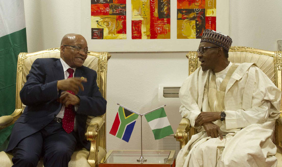 President Jacob Zuma with Nigerian President Muhammadu Buhari during a state visit to the country.