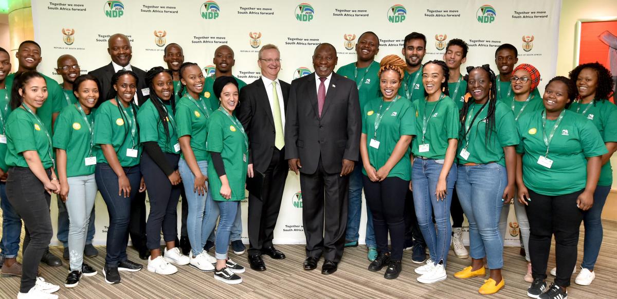 President Cyril Ramaphosa with some of the young people who are working for Nedbank through the YES initiative.
