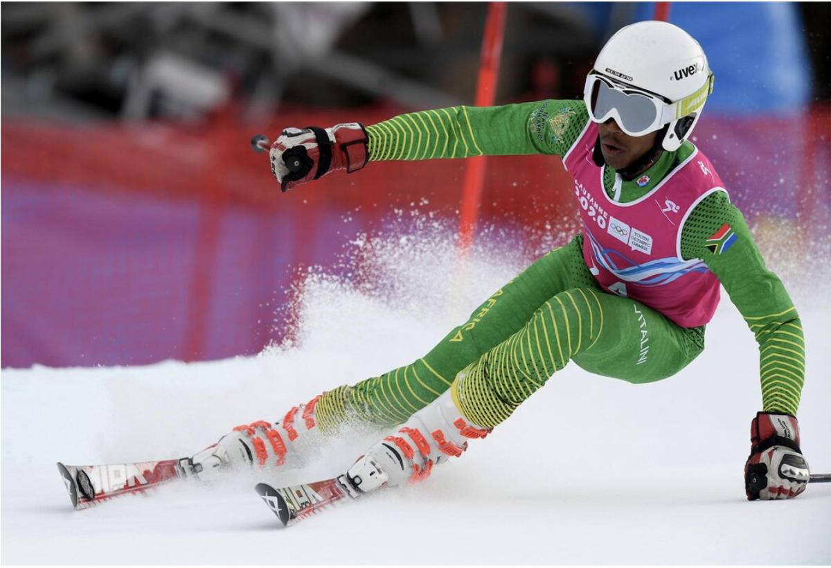Thabo Rateleki skiing at Slalom race in Switzerland during the 2020 Winter Youth Olympic Games.