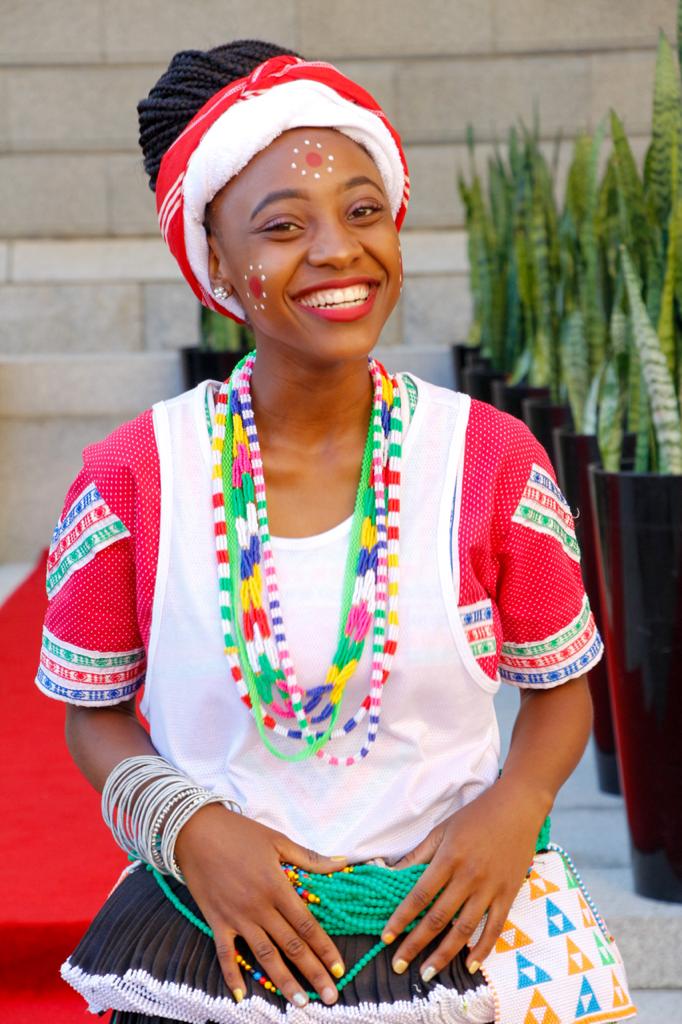 Praise singer Masingita Shibambu (Ntombiyamtsonga), dressed in her Xitsonga traditional attire.