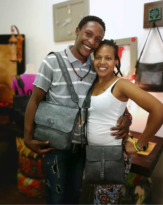 Nick and Nicole Nyalungu are the founders of Vegan Fashion, which makes designer bags and shoes from old bicycle and car tyre tubes.