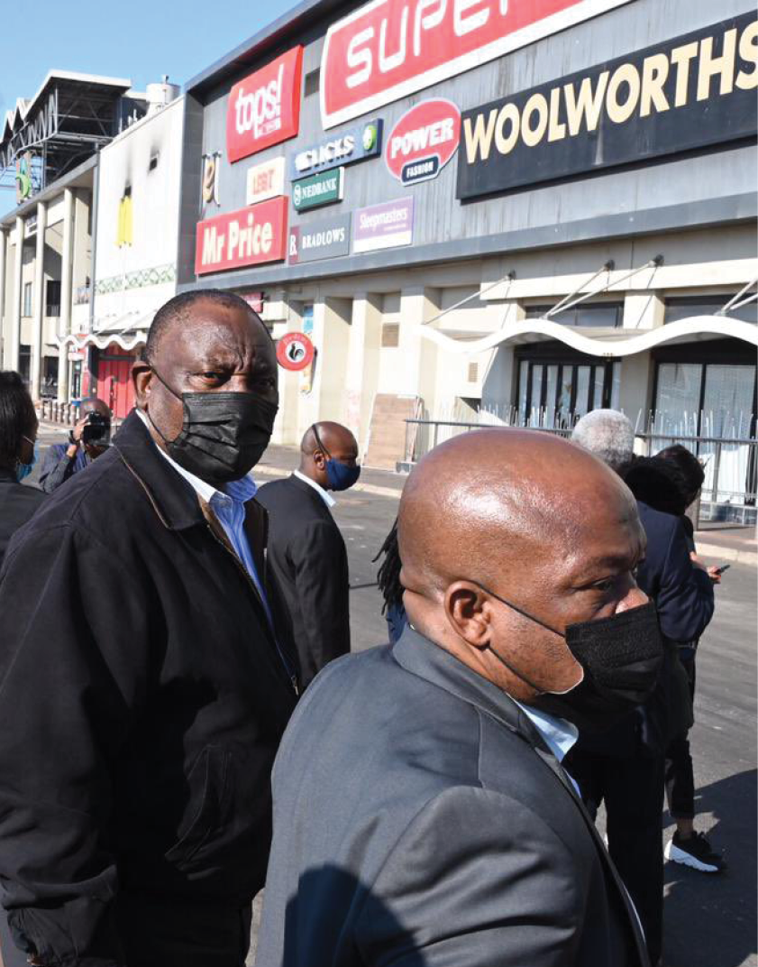 President Cyril Ramaphosa inspects the damage at the Bridge City Shopping Centre in KwaZulu-Natal, which was one the malls looted during the recent unrest.