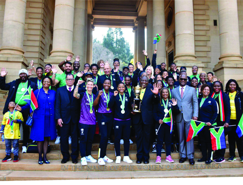 President Cyril Ramaphosa with the Banyana Banyana team at the Union Buildings where government contributed R5,8 million to the team following their victory at the 2022 WAFCON finals that took place at the Prince Moulay Abdellah Stadium in Morocco.