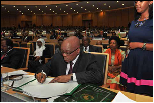 President Jacob Zuma signs the AU 50th Anniversary Declaration at the AU Headquaters in Addis Ababa,Ethiopia.