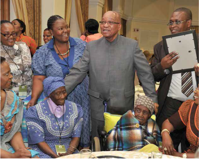 Photo caption: President Jacob Zuma with the 130-year-old Mama Johanna Ramatse (right) and her 95-year-old daughter Welheminah Phiri (left) at the launch of Older Persons Week.