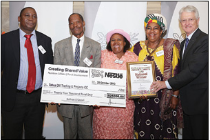 Dorcus Modise (third from left) was overjoyed at being named overall winner at the Nestlé Community Nutrition Awards. Sharing in the moment were (from left) Lot Molati of the United Nations Food and Agriculture Organisation, Modise's husband Bernie Modise, 2013 Best Subsistence Farmer of the Year Kenalemang Kgoroeadira and Nestlé managing director and chairman Sullivan O’Carroll.