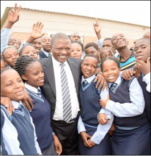 Learners at the new state-of-the-art boarding school in Mpumalanga share their joy over the new facilities with Premier David Mabuza.