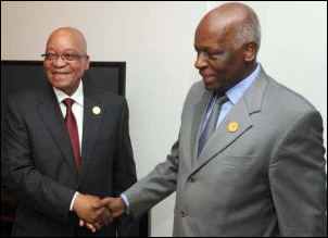 President Jacob Zuma greets Angolan President Jose Dos Santos ahead of the International Conference on the Great Lakes Region.