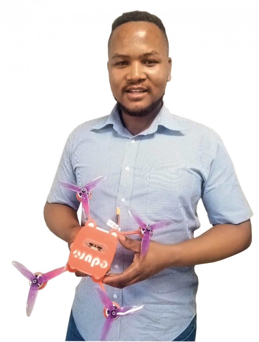 Makhosonke Kwaza with one of the drones he uses as a training and educational model at exhibits, training facilities and schools