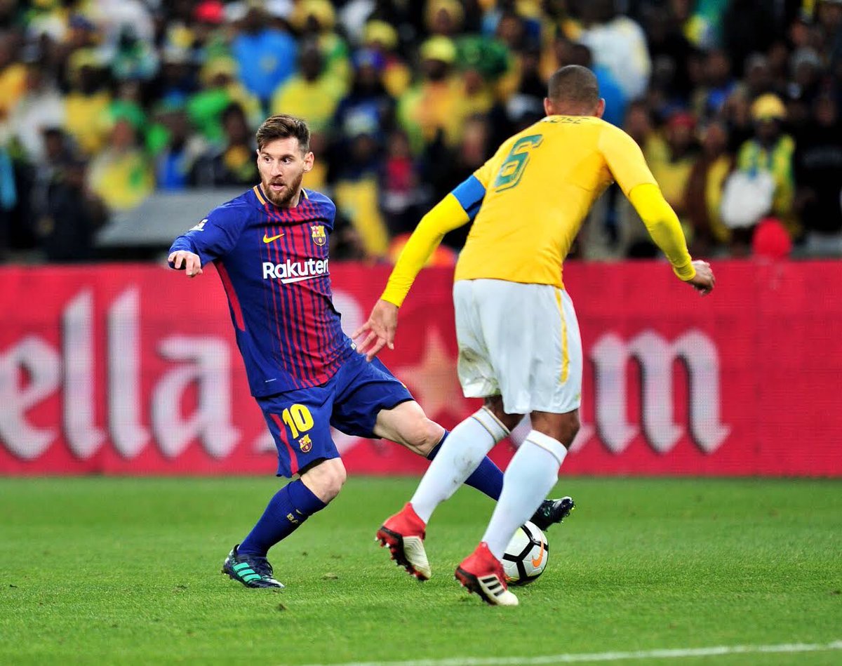 2.	Mamelodi Sundowns defender Wayne Arendse keeps a close eye on Barcelona’s Lionel Messi during yesterday’s clash between the two teams at FNB Stadium in Johannesburg on Wednesday, 16 May 2018. (Picture: Mamelodi Sundowns Facebook page)