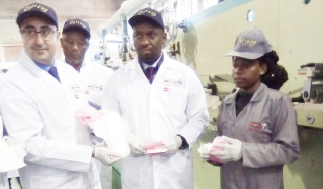 Higher Education and Training Health, Wellness and Development Centre’s CEO Dr Ramneek Ahluwalia, Deputy Minister Buti Manamela and Sinenhlanhla Majozi at the centre where affordable sanitary towels are manufactured.