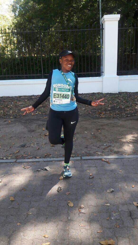 Celiwe Msomi after finishing the 2018 Two Oceans Marathon in Cape Town.