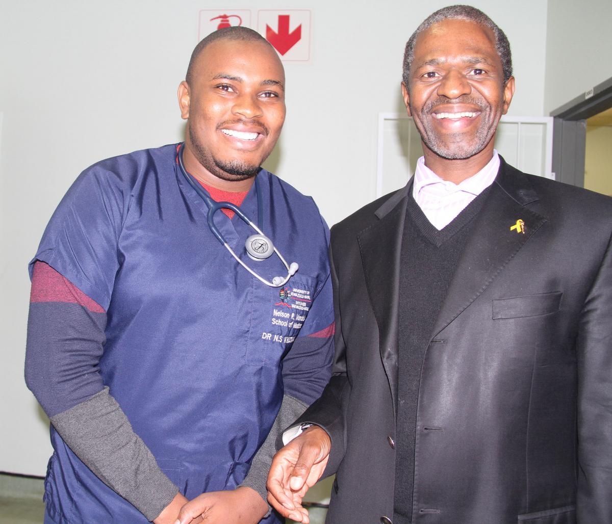 KwaZulu-Natal Health MEC Sibongiseni Dhlomo (right) and student doctor Nhlanhla