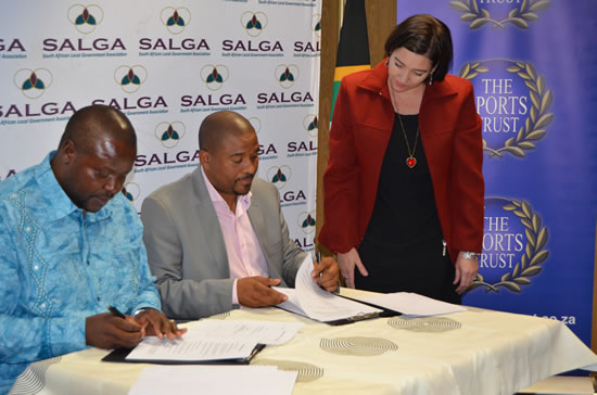 SALGA CEO Xolile George (right) and Chairman of the Board of Trustees at The Sports Trust Jackie Mathebula signed an agreement that will unearth talent especially in rural areas.