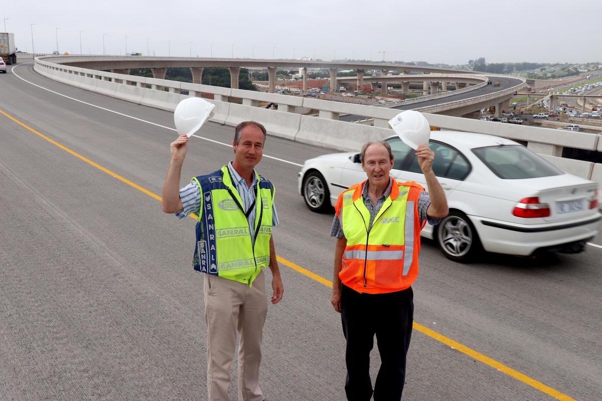 Sanral Eastern Region project manager Corne Roux (left) and SMEC South Africa engineer Henk Kaal who supervised construction of the N2 (M41) Mt Edgecombe Interchange.