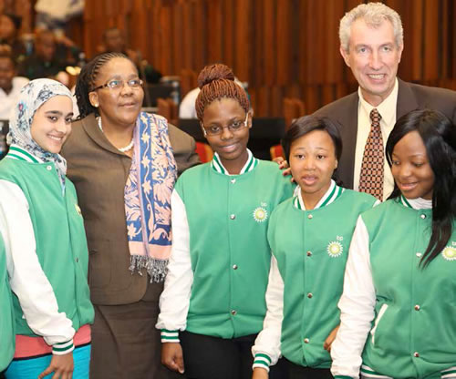 BP has announced R105 million it will donate to boost the academic and social skills of learners from schools in rural areas. The top students who participated in the pilot phase of the Targeting Talent Programme are, from left; Mmakoena Mmola, Nelia Manamela, Hameeda Saif, Olitilwe Shuping, Ramadimetja Makgeru, Ngoanapedi Komane. They are with former Minister of Energy Dipuo Peters (now Minister of Transport) and CEO of BP SA, Gerard Derbesy.
