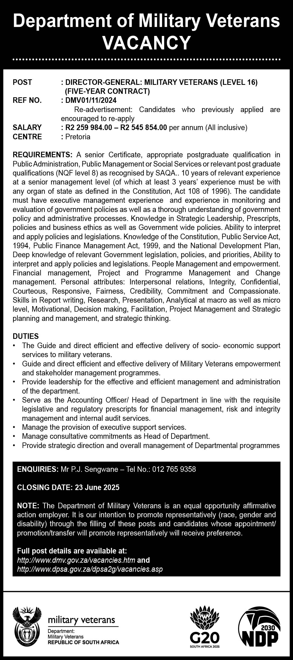DEPARTMENT OF MILITARY VETERANS VACANCY