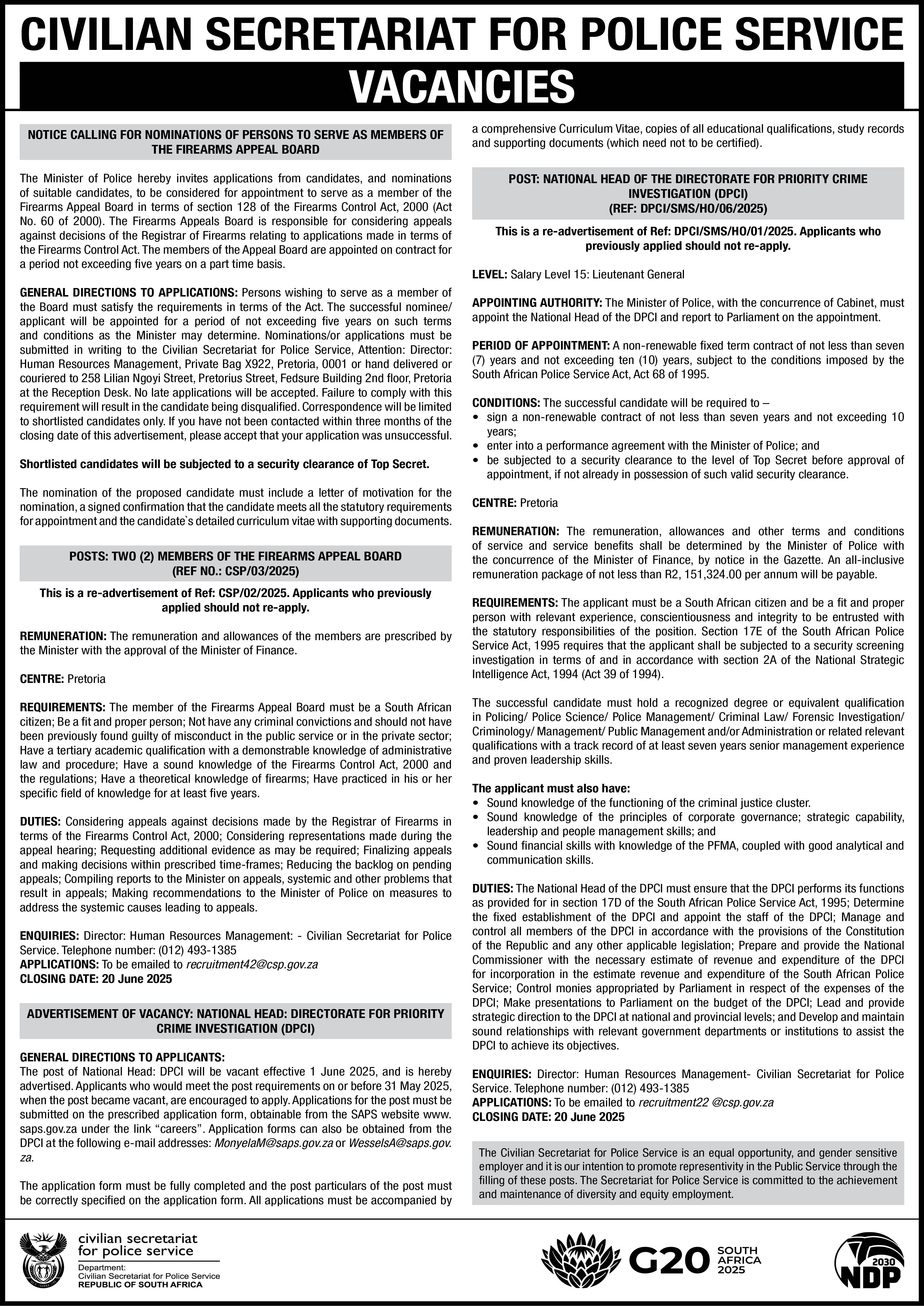 CIVILIAN SECRETARIAT FOR POLICE SERVICE VACANCIES