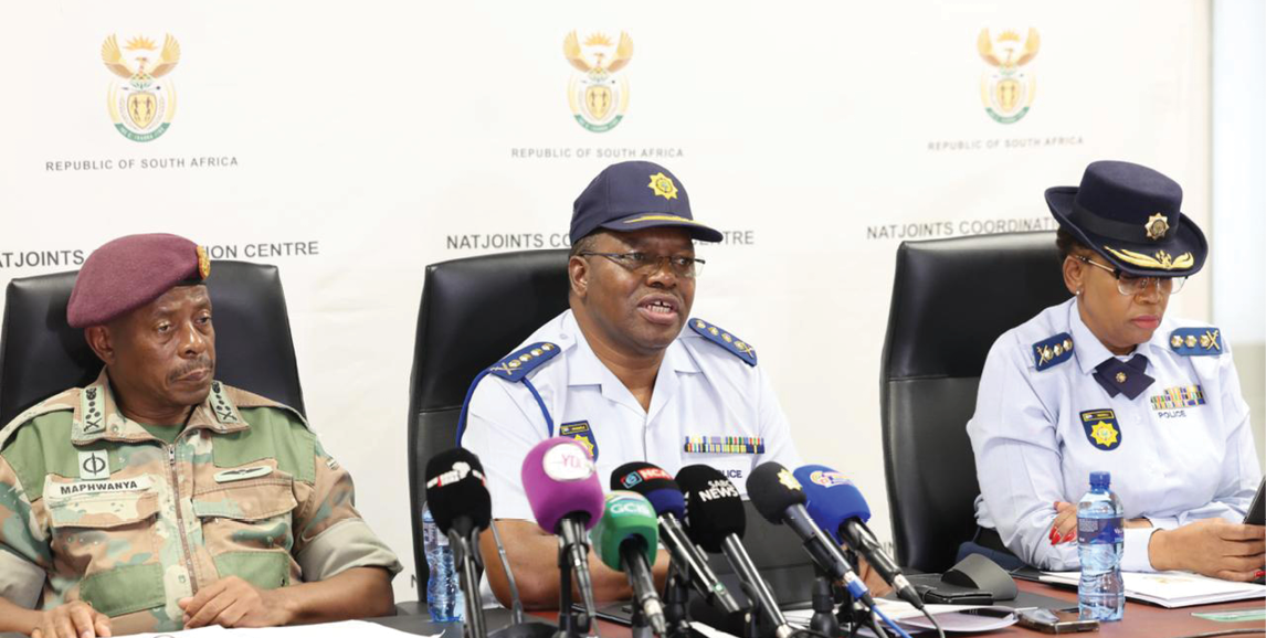 Chief of the SANDF, General Rudzani Maphwanya, National Police Commissioner Fannie Masemola, and NATJOINTS co-chairperson Tebello Mosikili during a recent media briefing on intensifying the fight against crime.