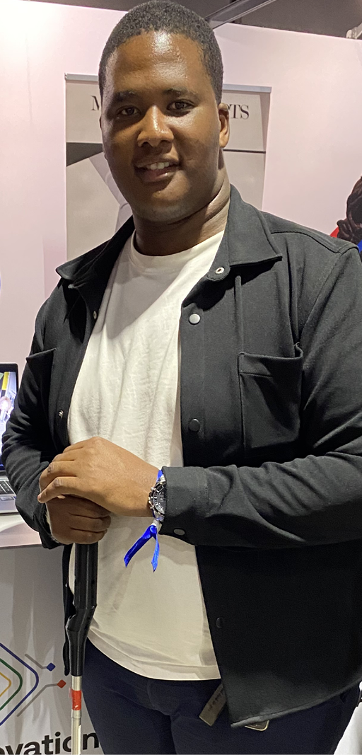 Navwok Lwandile Mabele, Navwok Smart Cane co-founder, with his invention at the recent SA Innovation Week at Nasrec in Johannesburg.