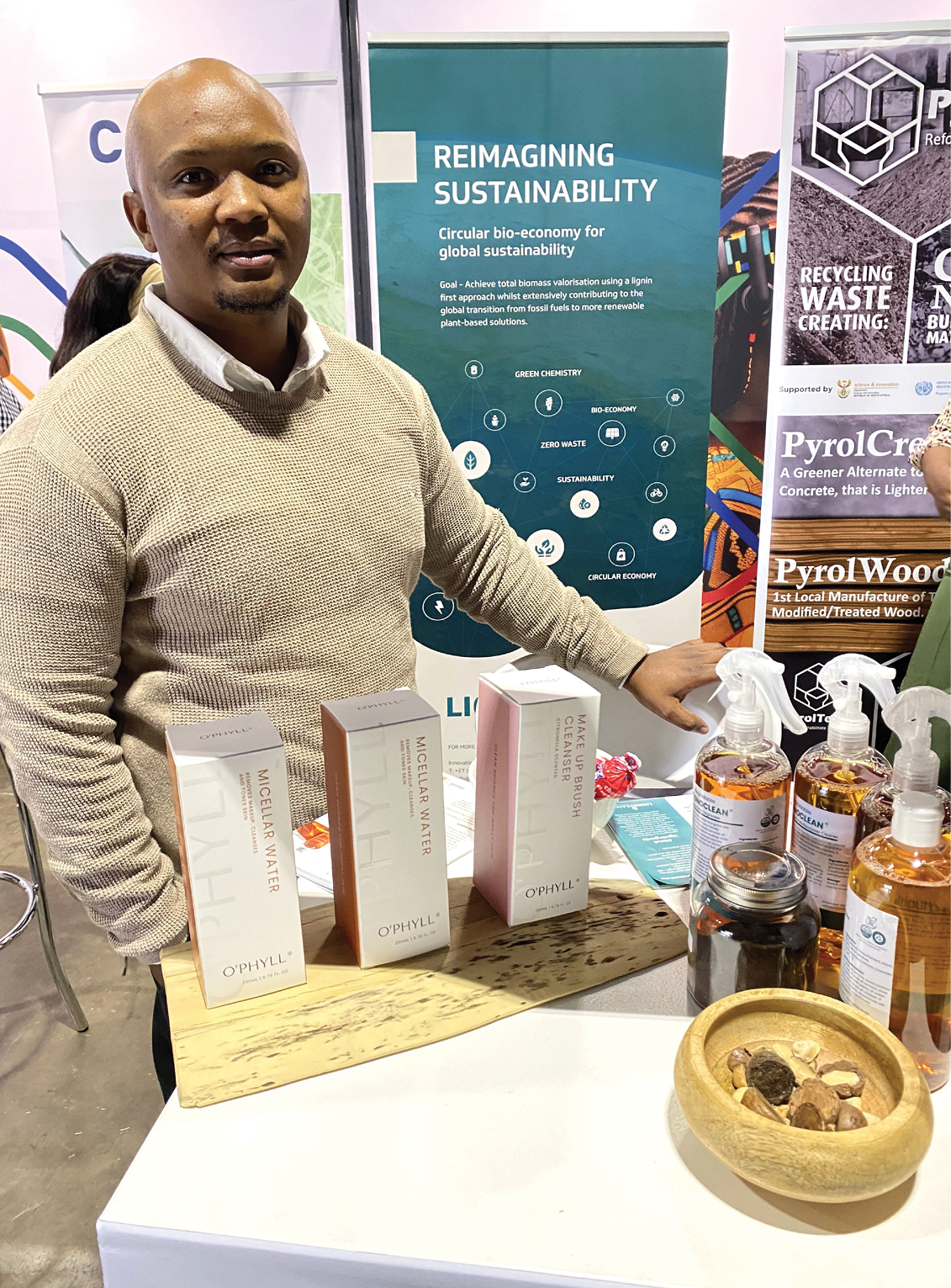 Tshepo Mangoele, owner of LignOrganic, transforms plant waste into sustainable chemicals and consumer products.