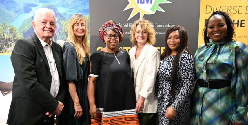 Berlinale and South Africa signed a “Country in Focus” agreement for 2027. Pictured (left to right): NFVF Council Chairperson Leon van Nierop, Berlinale Pro Director Tanja Meissner, DSAC Director‑General Dr Cynthia Khumalo, Berlinale Director Tricia Tuttle, Acting South African Ambassador to France Nthabiseng Makuwa, and Acting NFVF CEO Onke Dumeko.