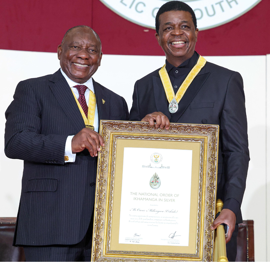 President Cyril Ramaphosa bestowed the Order of Ikhamanga in Silver on Oskido during the 2026 National Orders ceremony.