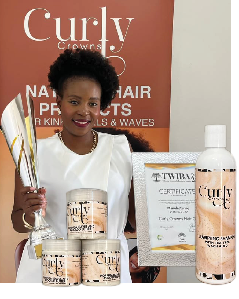 Pontso Dibakwane, founder of Curly Crowns Beauty, with her range of natural hair and skincare products.