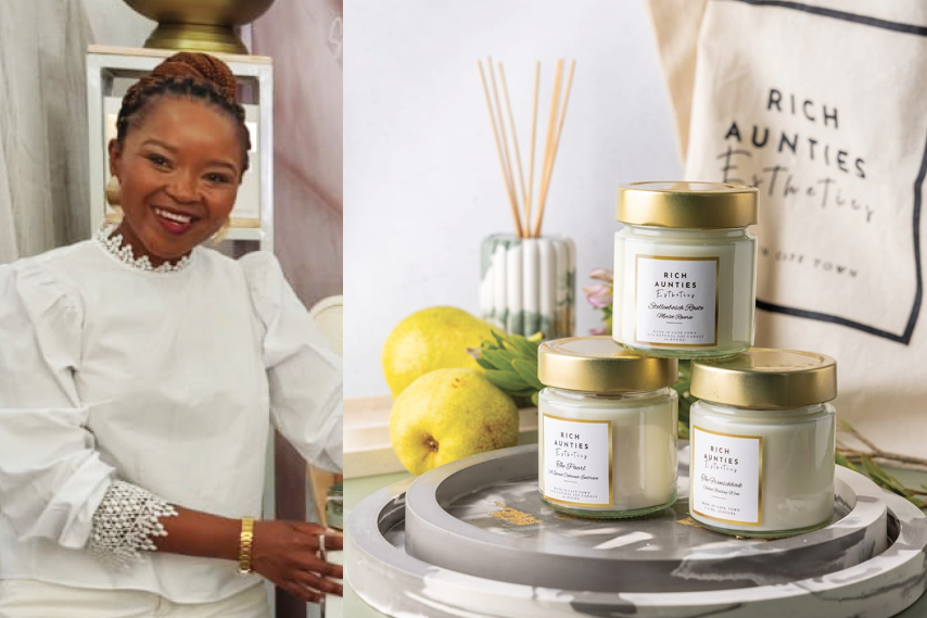 Veliswa Tiya displays some of the  homeware products that helped grow   Rich Aunties Aesthetics from a small   start-up into an award-winning business.