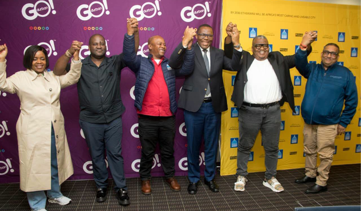 eThekwini Mayor Cyril Xaba [centre] and municipal officials at the opening of the R312 million Eleventh Avenue Interchange in Clermont, a key component of the GO! Durban Integrated Rapid Public Transport Network.