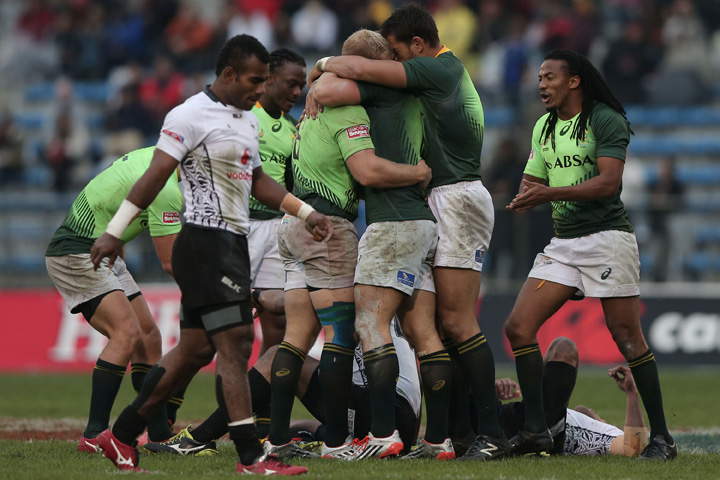 the blitzbokke celebrate a win at the world sevens series.