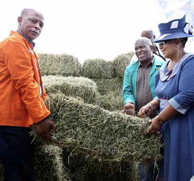 DAFF Minister Senzeni Zokwana, MEC MD Khoabane during a drought relief roadshow in the Free State. The Minister distributed animal feed, water tanks and also engaged with farmers.