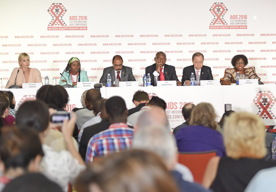 Deputy President Cyril Ramaphosa with the United Nation’s Secretary-General Ban Ki Moon at the 21st International AIDS Conference in Durban