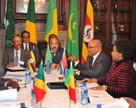 MInister of International Relations and Cooperation  Ms Maite Nkoana-Mashabane, far right, with  President Jacob Zuma and AU delegates at an  AU High level Ad Hoc Committee meeting on Libya.