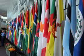 Flags of member countries of the Commonwealth displayed at a Commonwealth Heads of State and Government Meeting.