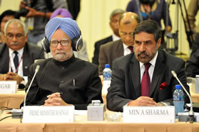 India’s Prime Minister Manmohan Singh and Foreign Minister Sharma at the start of the 5th IBSA Summit held at the Presidential Guest House in Pretoria.