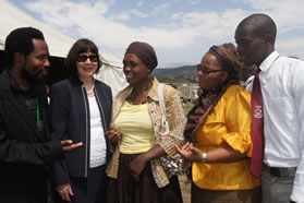 Chatting about climate change are, from left: Inkosi Skhosiphi Mdluli; KZN MEC for Finance, Ms Ina Cronjé; community member, Mrs Namelaphi Mkhize; Mkhambathini Mayor, Thobekile Maphumulo and Banqobile High School learner, Cabangani Majozi at Esidadeni Sports Ground during the Pre-COP17 Roadshow at Mkhambathini.