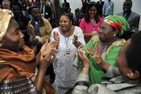 Women delegates at the African Union Summit in Addis Ababa Ethopia, with Home Affairs Minister Nkosazana Dlamini-Zuma (right) during the contest for the AU Commission Chairmanship candidature.