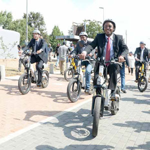 City of Johannesburg Mayor Parks Tau tries out a new 5km cycling path constructed Orlando, Soweto. The project aims to make the city environmentally friendly.
