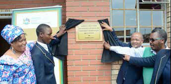 KZN Premier Senzo Mchunu (far right) and Education MEC Neliswa Nkonyeni at the official opening of Nkombase High School in Mtubatuba, KZN.