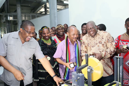 Michael Mabuyakhulu and KZN Premier Senzo Mchunu KZN MEC for Agriculture and Rural Development Cyril Xaba, KZN MEC for Economic Development, Tourism and Environmental Affairs during their tour visit inside the Marula Processing Plant.