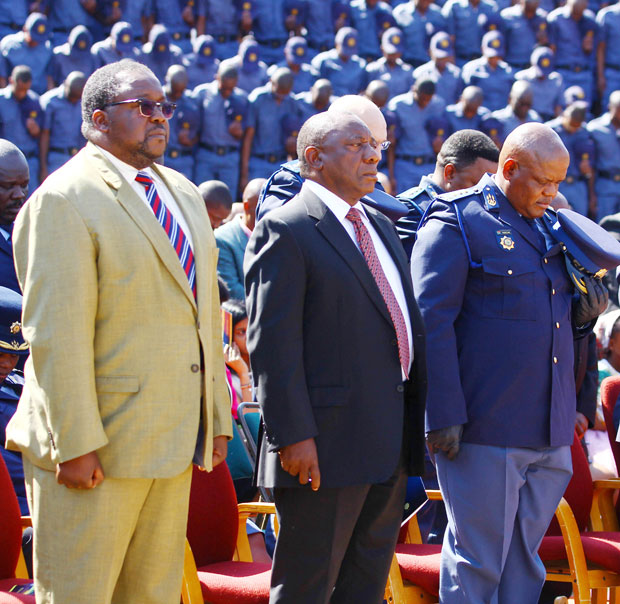 Deputy President Cyril Ramaphosa (centre), Minister Nkosinathi Nhleko, and Acting National Commissioner Kgomotso Phahlane during the South African Police Services’ Annual Commemoration Day.