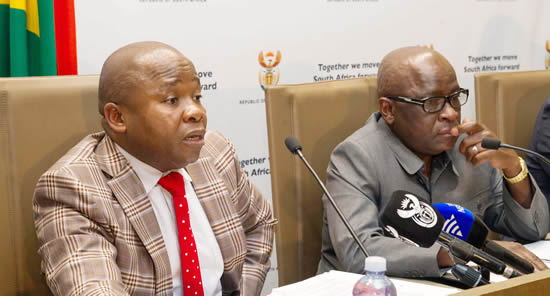 Minister Des van Rooyen (left) and Minister Ngoako Ramatlhodi briefing the media on the success of the anti-corruption hotline.