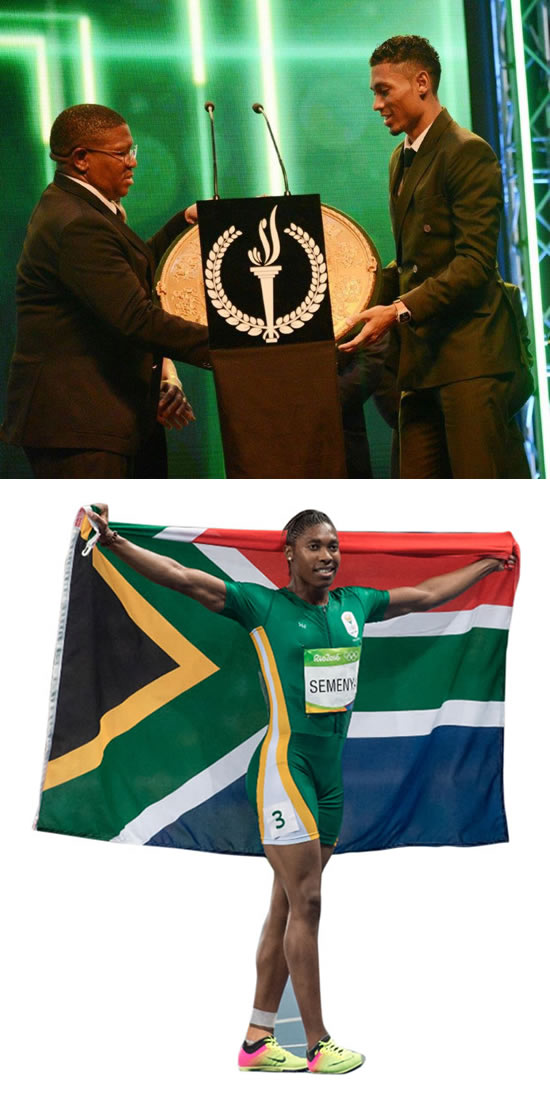 [top] Minister Fikile Mbalula hands over Wayde van Niekerk one of his many awards. [bottom] Caster Semenya won Sportswoman of the Year.