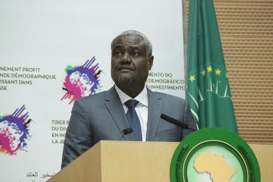 The incoming Chairperson of the African Union (AU) Moussa Faki Mahamat during the handover ceremony at the Nelson Mandela Hall at the AU Headquarters in Addis Ababa.