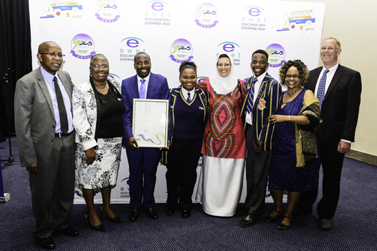 Mr. Cecil Ramonotshi CEO (acting) Eskom Development Foundation, Ms. Mamahase Mosheshe (EWET), Mr. Sipho Mpotle (Teacher), Ms. Nombulelo Ntakazi (Learner), Ms. Waheeda Carvello (DBE – National), Mr. Tebejane Hlalele (Learner), Ms. Tshidi Sekopa and Mr. Arie Bouwer (EWET).